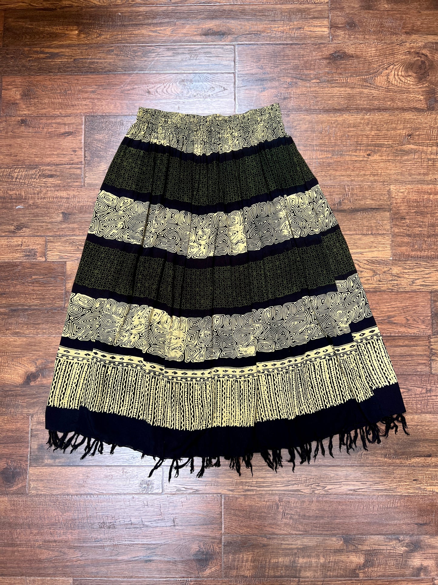Vintage Gauzy Cotton Blend Full Length Skirt – Tiki Style Pattern with Fringe Hem - Ruby's Moods