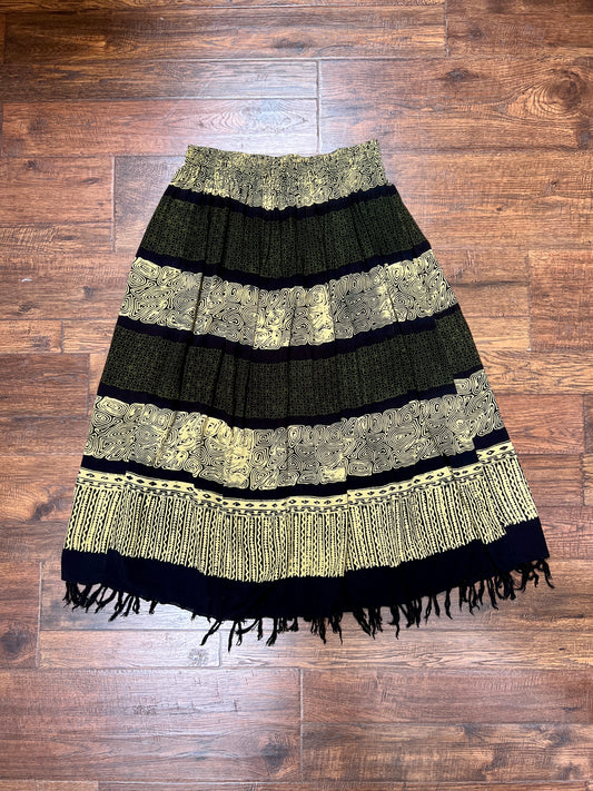 Vintage Gauzy Cotton Blend Full Length Skirt – Tiki Style Pattern with Fringe Hem - Ruby's Moods