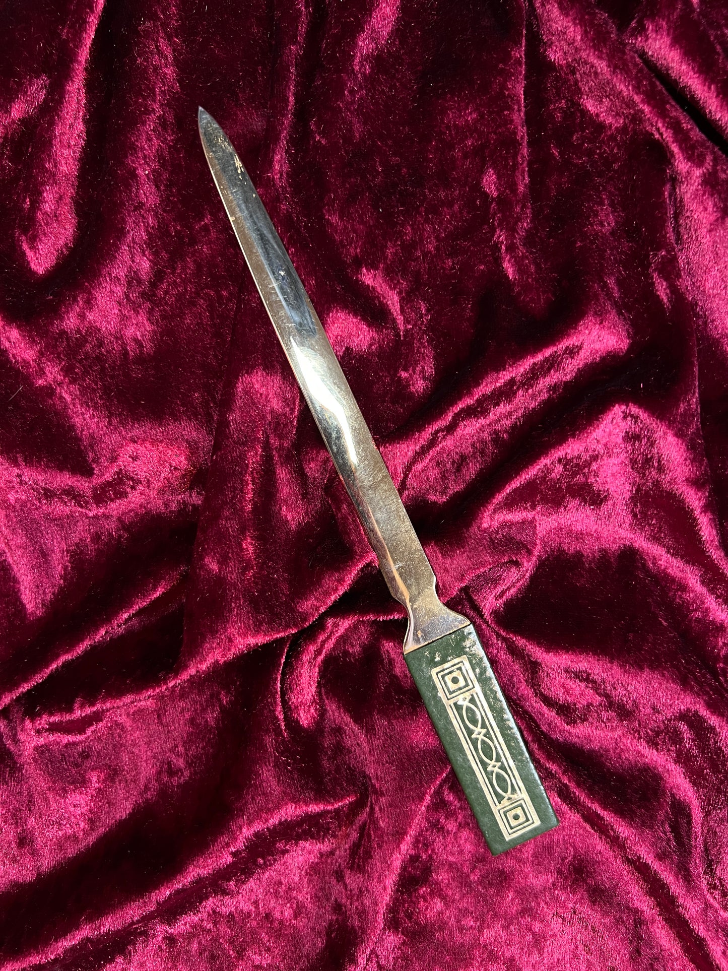 Vintage Brass Letter Opener - Art Deco Green Geometric Handle