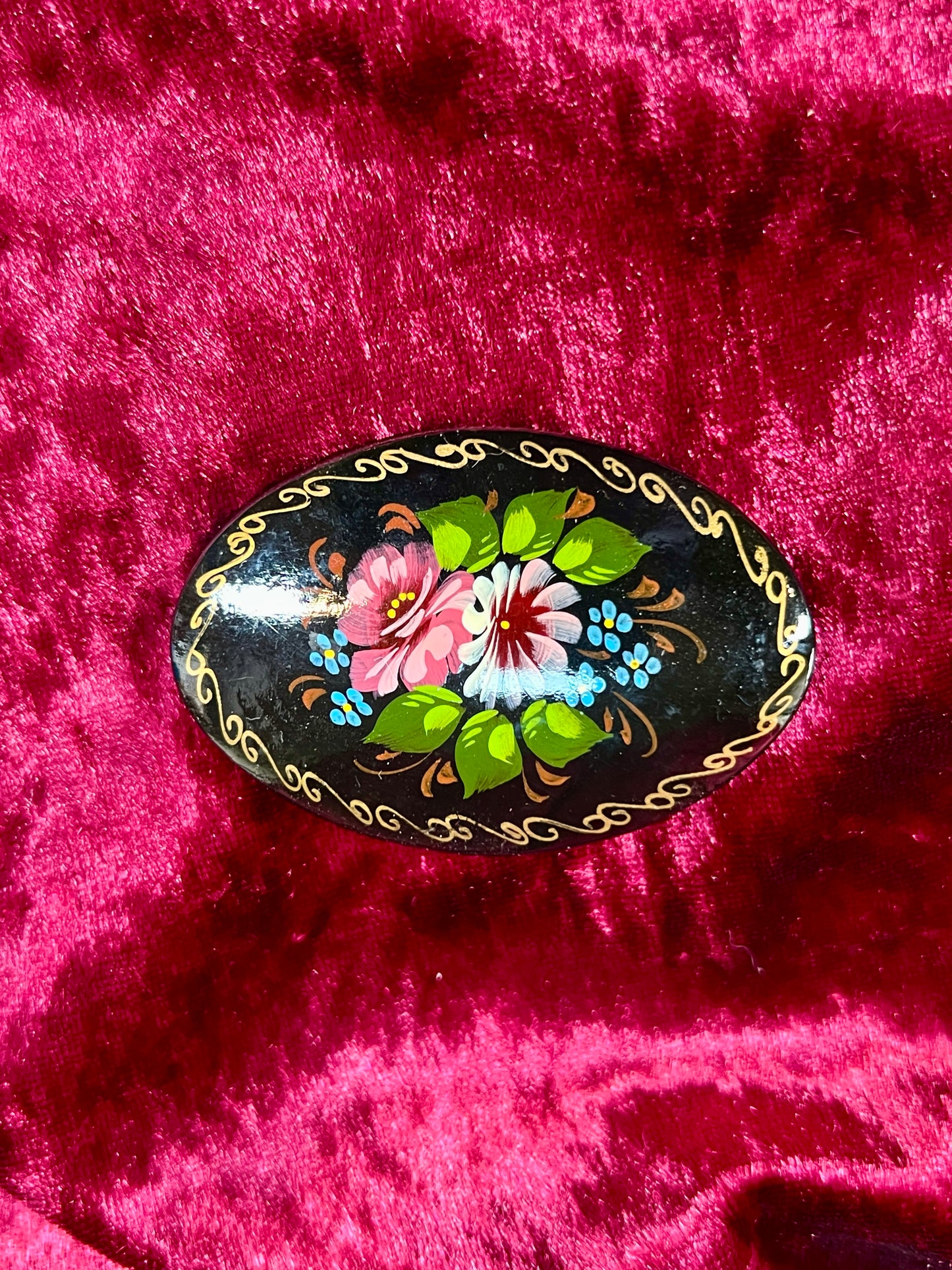 Vintage Jewelry - Brooch - Hand Painted Floral Bouquet on Black - Masters