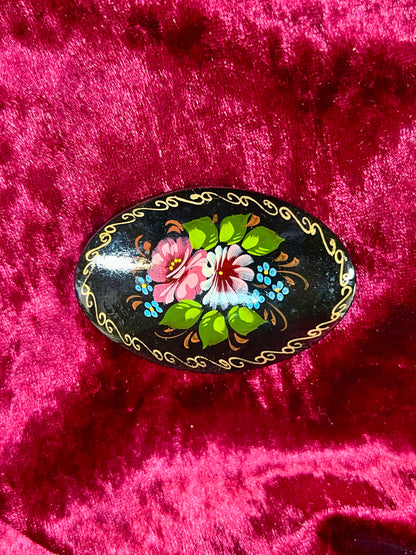 Vintage Jewelry - Brooch - Hand Painted Floral Bouquet on Black - Masters