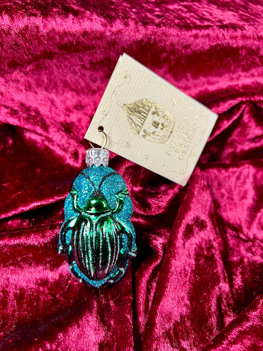 Vintage Christmas - Handblown Glass Ornament - Cleopatra's Scarab - Blue and Green - Patricia Breen