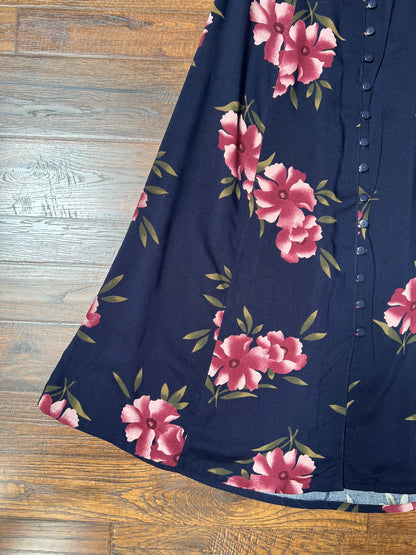 Vintage Clothing - Button Front Maxi Skirt - Purple Florals on Navy Blue - Medium - Sag Harbor