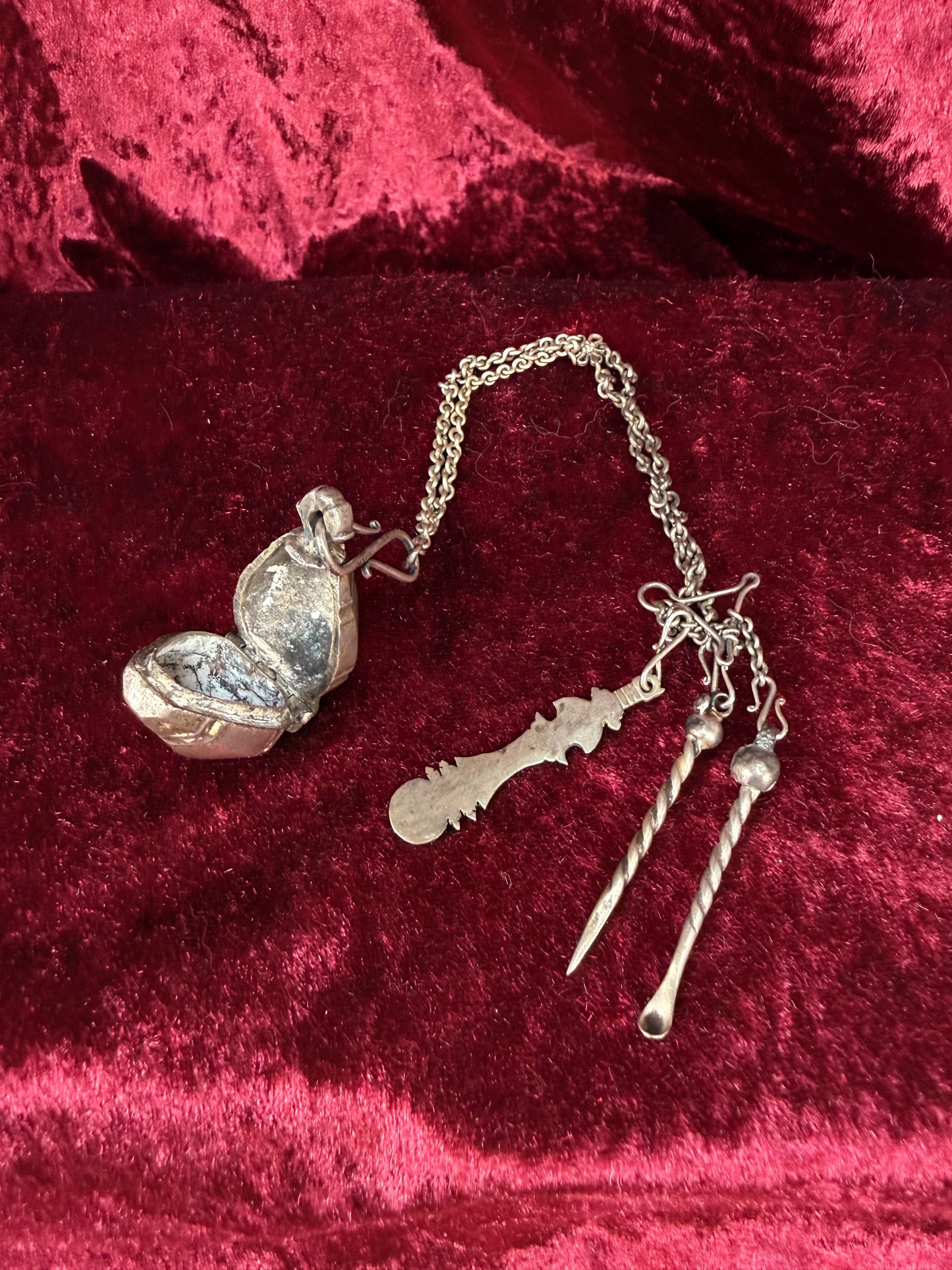 Antique Silver Opium Chatelaine – Flower Topped Picks with Locket Ball - Late Qing Dynasty