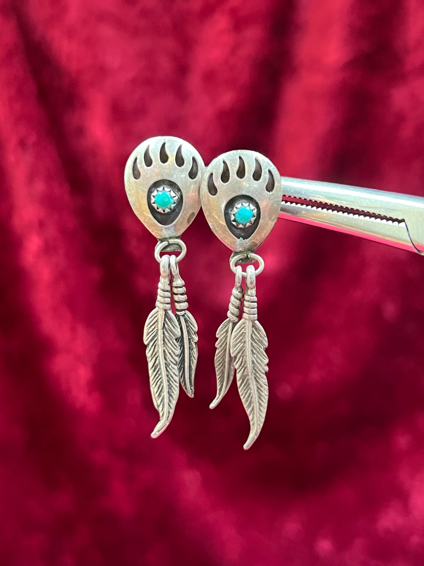 Vintage Jewelry - Sterling Silver Earrings - Navajo Turquoise Bear Claw with Dangling Feathers