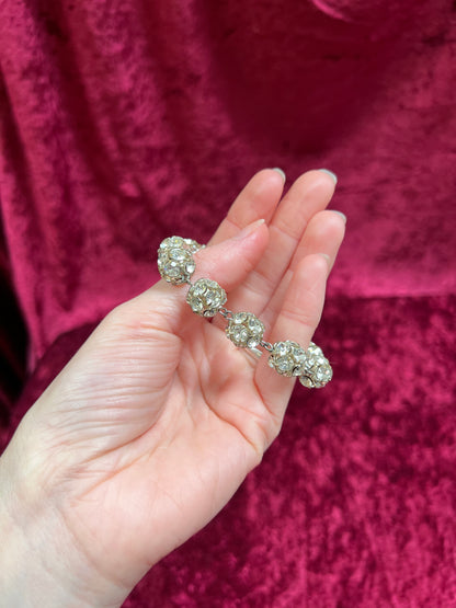 Vintage Jewelry - Silver Tone Ball Link Bracelet - Clear Round Cut Rhinestones - 7.5"