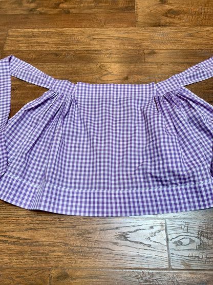 Vintage Lilac & Periwinkle Gingham Half Apron with Lace Detail