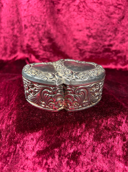 Vintage Jewelry Box - Antique Silver Patina - Double Hearts with Floral Filigree - Red Velvet Lining