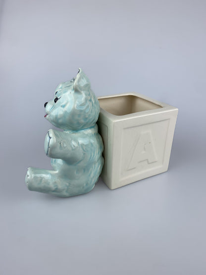 Vintage Kay Finch Blue Teddy Bear & Alphabet Block Ceramic Planter - California Pottery