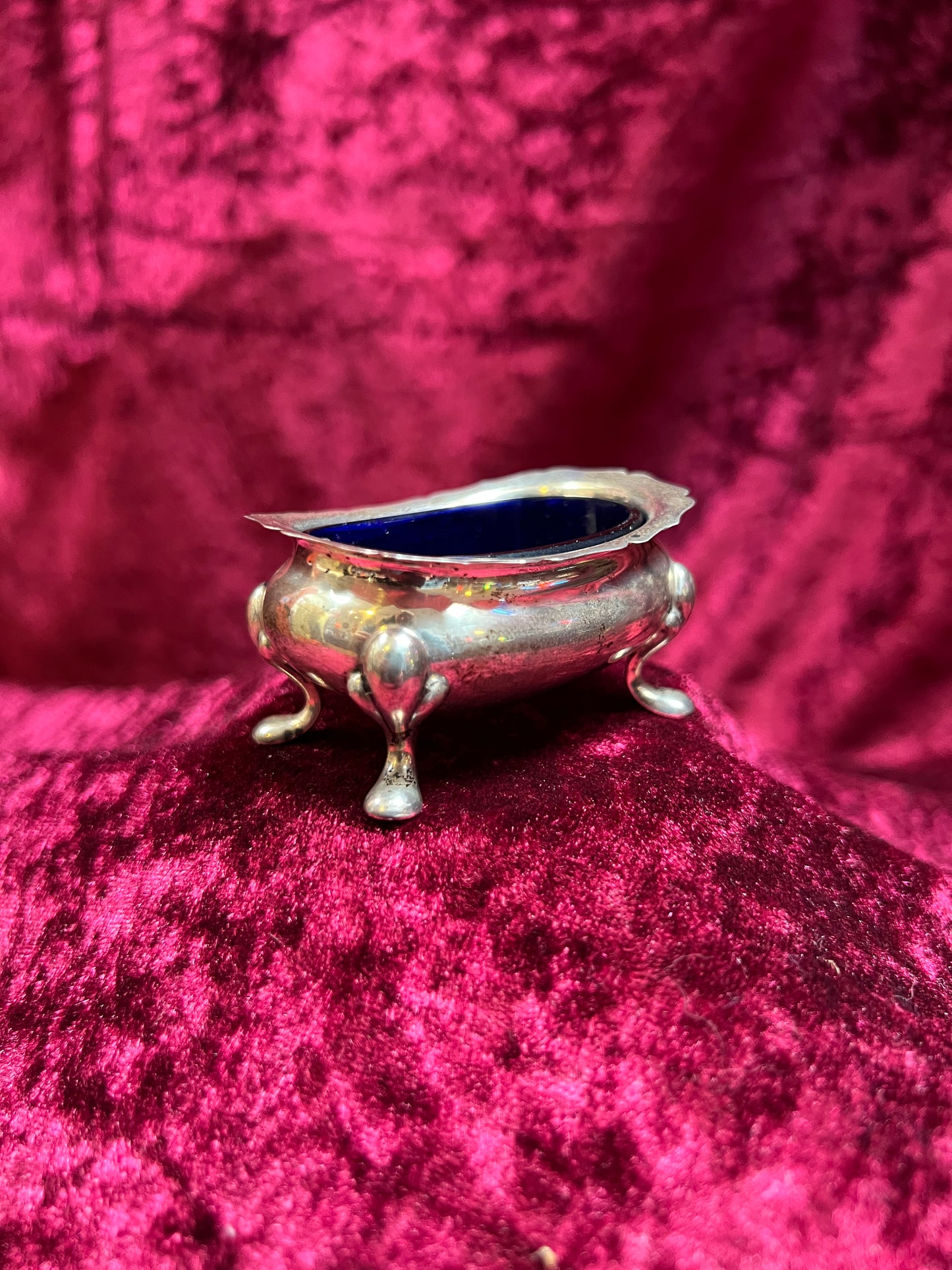 Vintage Kitchen - Footed Salt Cellar with Cobalt Blue Glass Insert - Sterling Silver - Hardy Bros - England