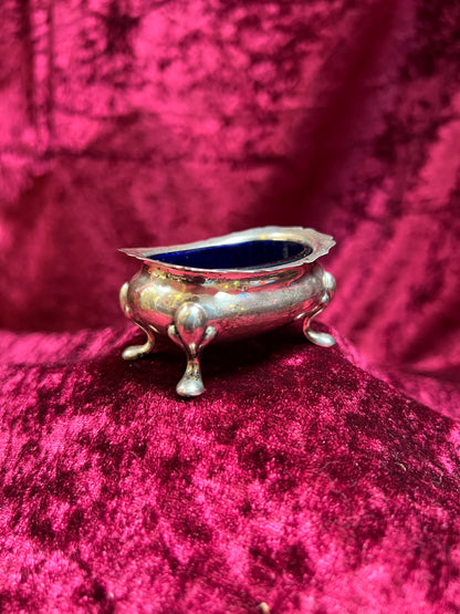 Vintage Kitchen - Footed Salt Cellar with Cobalt Blue Glass Insert - Sterling Silver - Hardy Bros - England