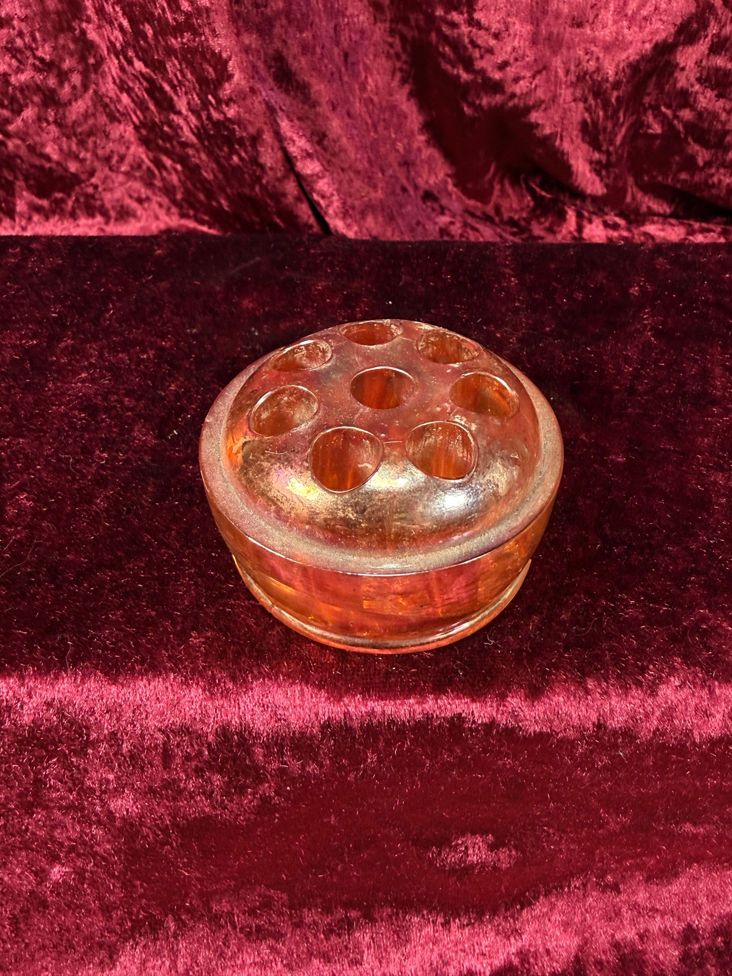 Vintage Carnival Glass Flower Frog – Marigold Iridescent Dome