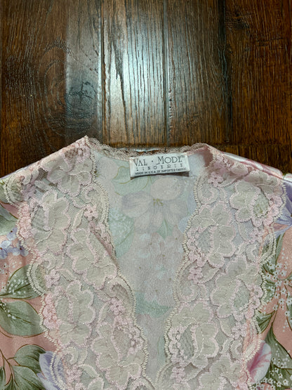 Vintage Silky Nightgown and Robe Lingerie Set - Pink Floral Print Peignoir Ensemble - Val Mode