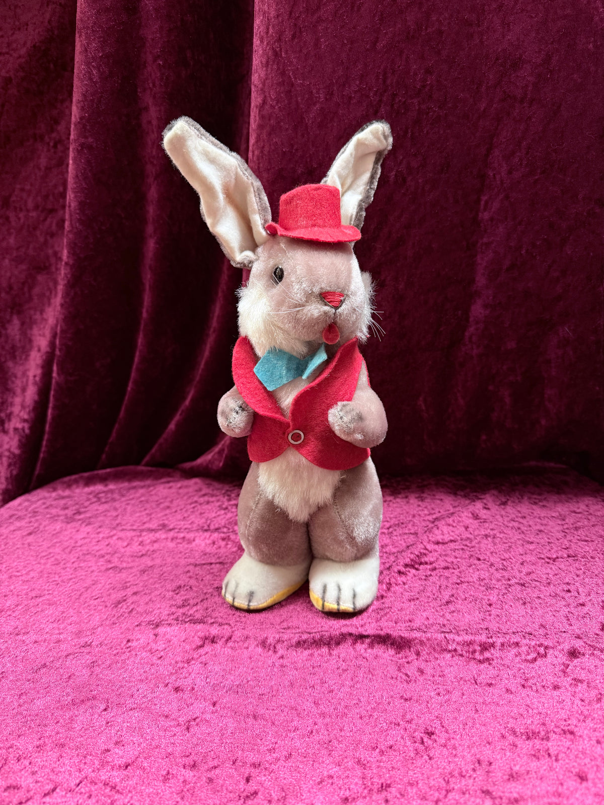 Vintage 1950s Gund Plush Rabbit Music Box – “Rock-a-Bye Baby” + Felt Outfit