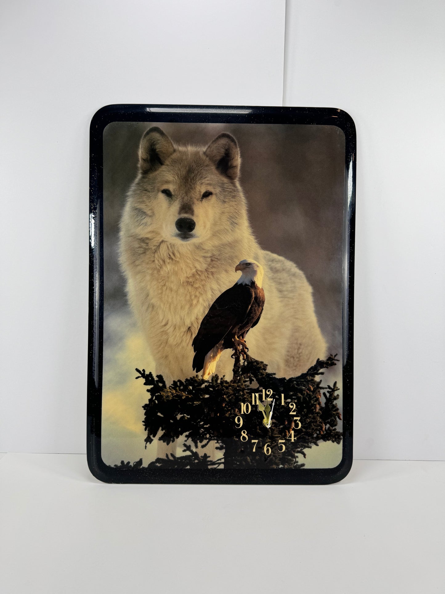 Vintage Wall Clock Resin Art - Wolf and Eagle Black Glitter