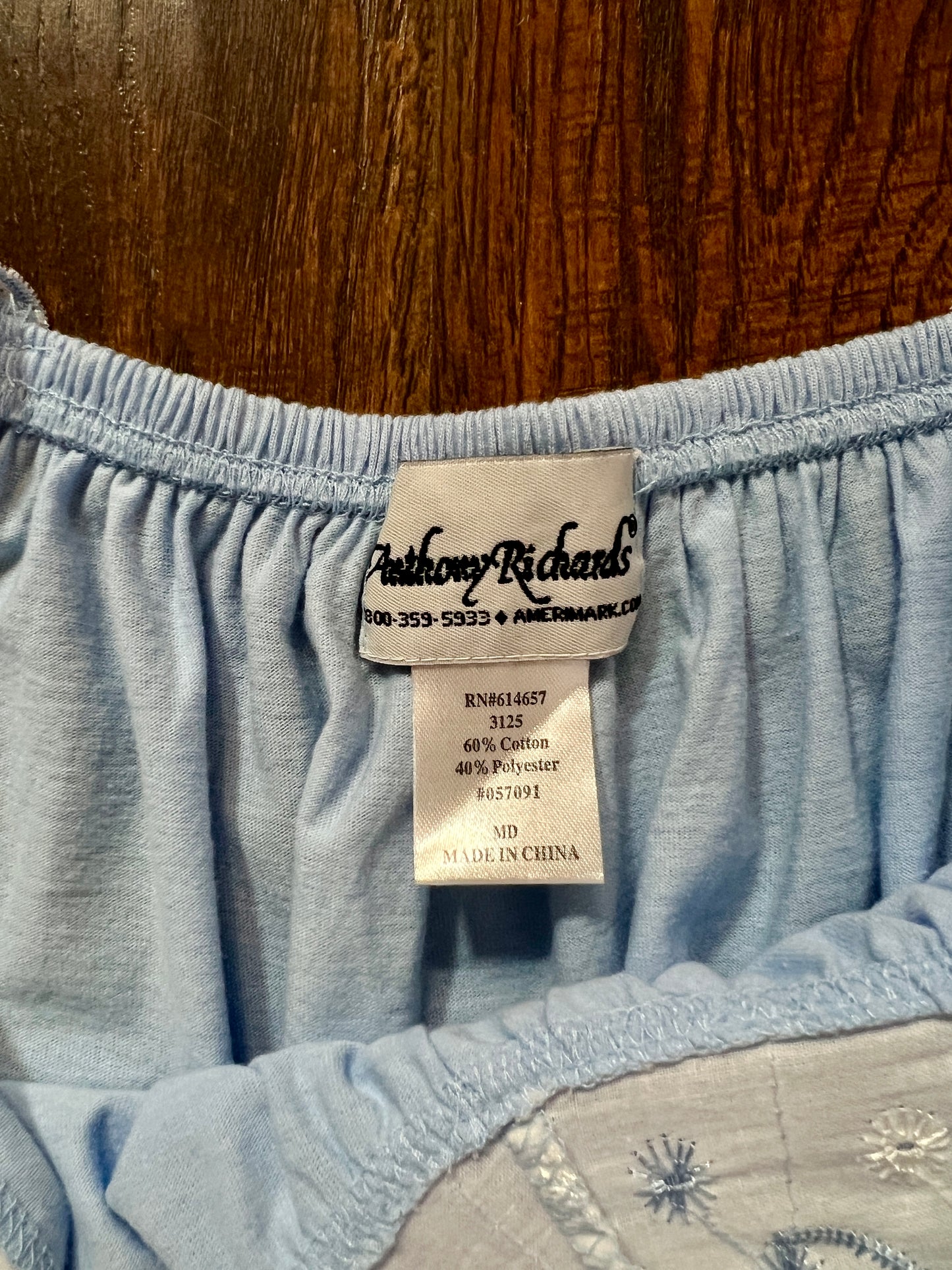 Vintage Blue Cotton Blend Nightgown - Embroidered Lace Yoke - Anthony Richards