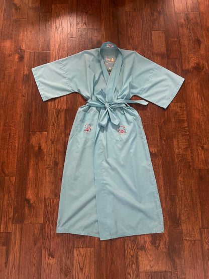 Vintage Jodie Arden Kimono Robe – Blue Embroidered Pagoda Asian Motif