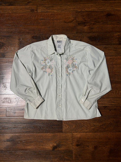 Vintage Koret Francisca Cotton Blend Blouse – Green Pinstripe Floral Embroidery – Medium