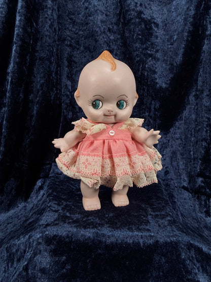 Vintage Bisque Ceramic Kewpie Doll – Posable Figure with Pink Lace Dress