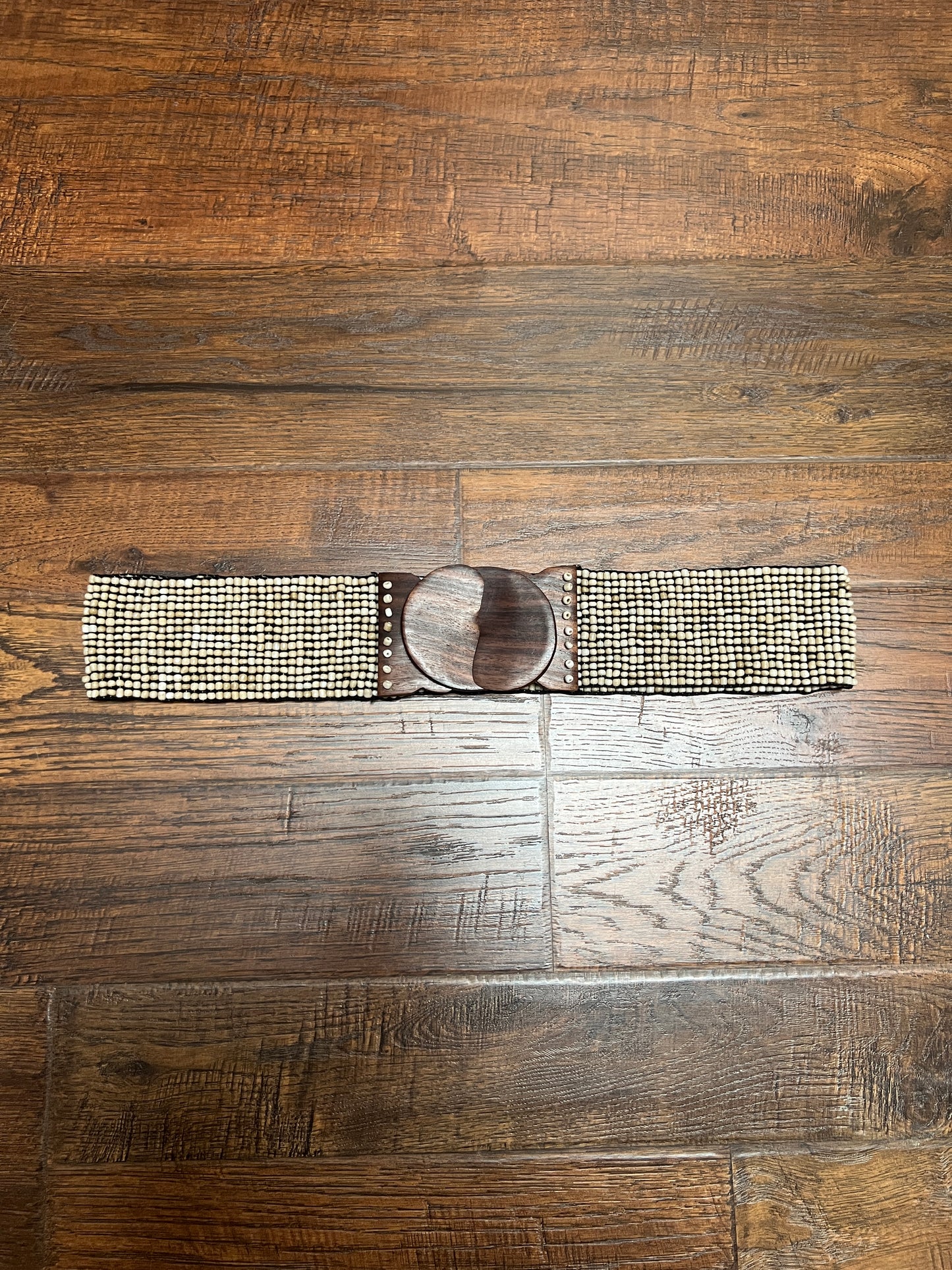 Vintage Style Accessories - Glass Seed Beaded Waist Belt with Wood Buckle - Sandy Beige - 31.5"