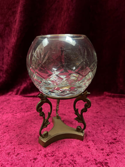 Vintage Cut Crystal Candle Holder - Rose Globe on Ornate Brass Pedestal Stand