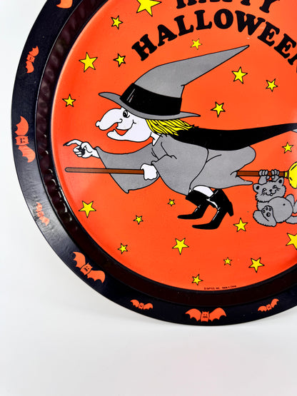 Vintage Giftco Inc. Metal Halloween Tray | Happy Halloween | Witch & Cat