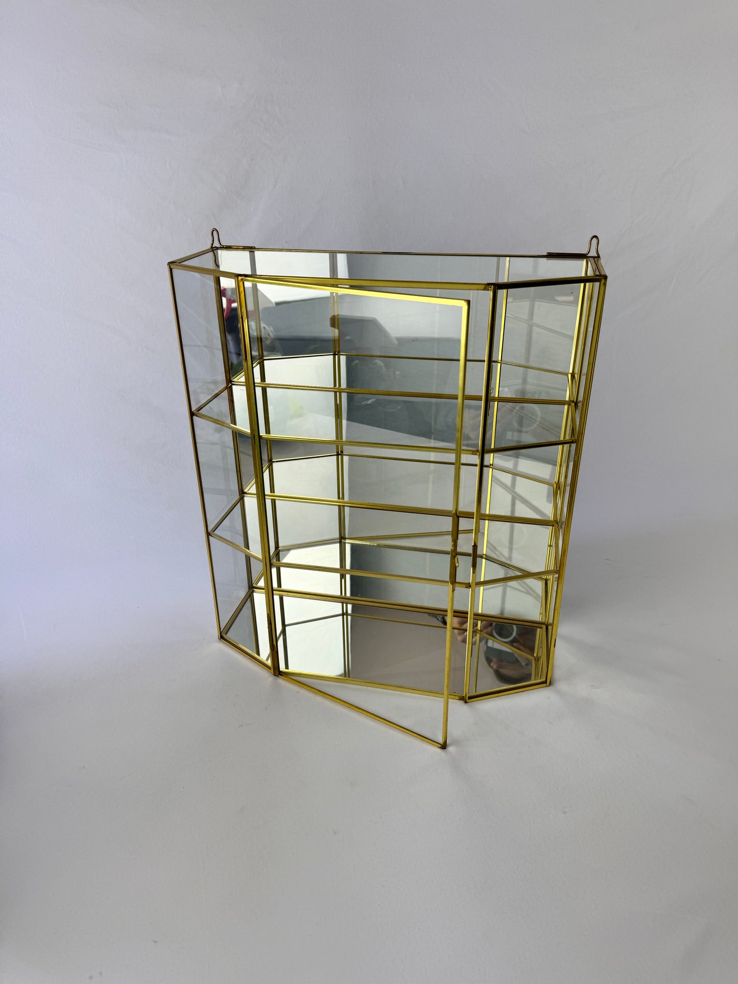 Vintage Mirrored Brass & Glass Wall Hanging Curio Cabinet - Large