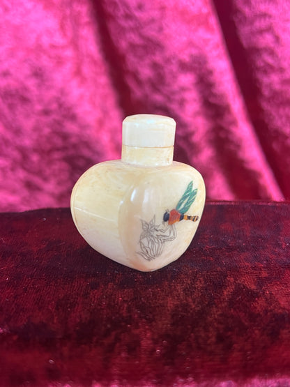 Vintage Curiosities - Antique Snuff Bottle - Bone - Inlaid Dragonfly - 1.75”