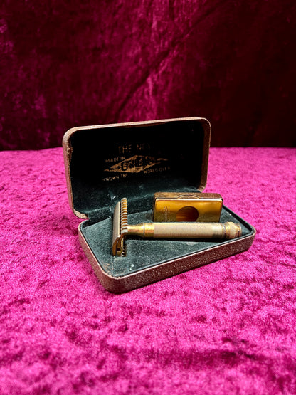 Vintage Gold Tone Brass Safety Razor – Gillette Travel Shaving Set with Case