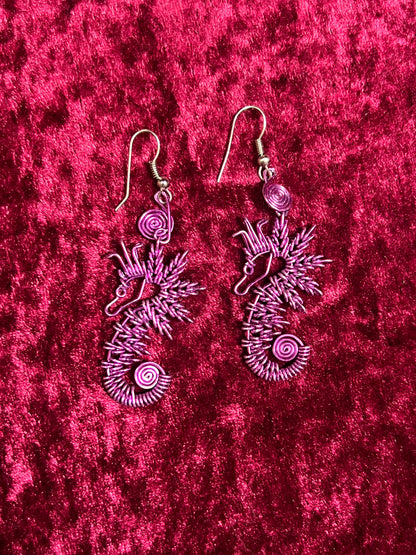 Vintage Jewelry - Drop Earrings - Purple Wire Seashorses