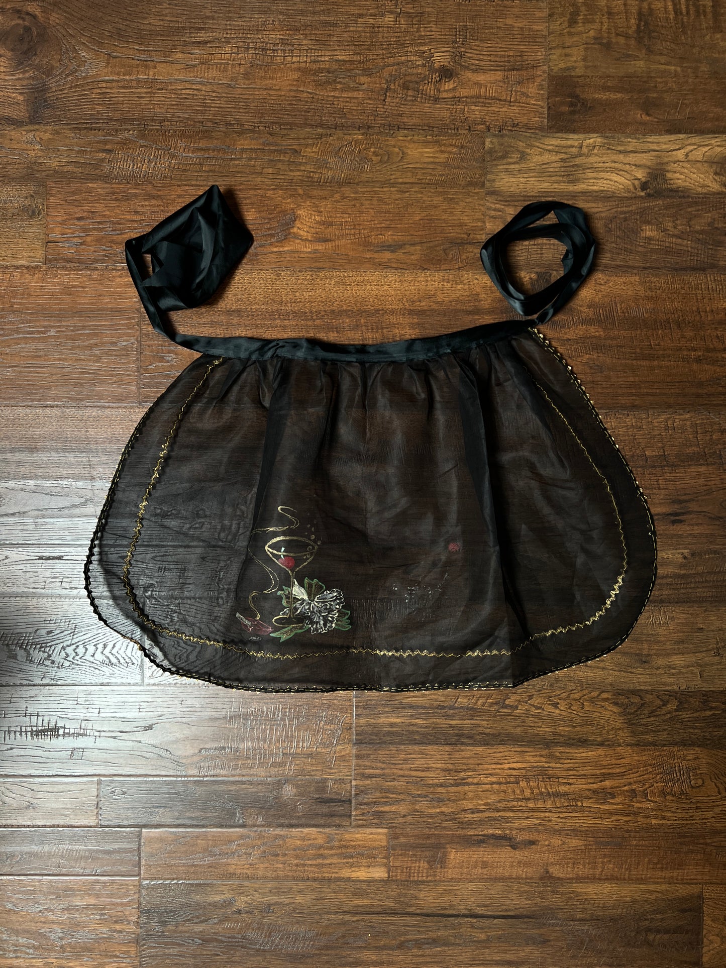 Vintage Mid Century Sheer Black Half Apron — Hand Painted Martini Cigarette with Gold Trim
