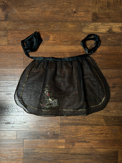 Vintage Mid Century Sheer Black Half Apron — Hand Painted Martini Cigarette with Gold Trim
