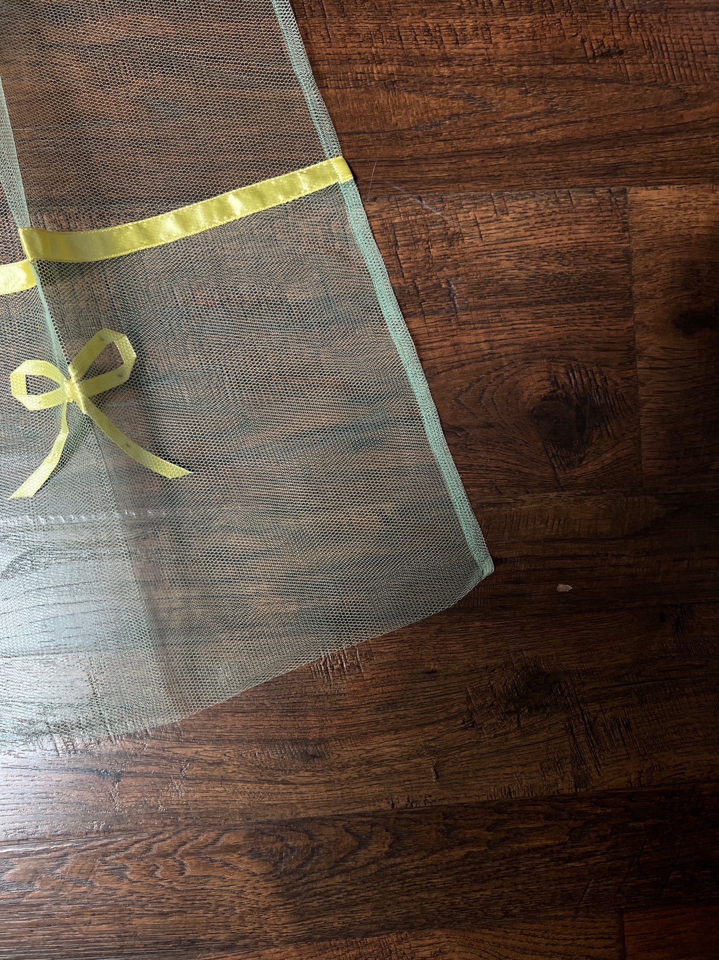 Vintage Handmade Green Tulle Half Apron — Mid Century Yellow Satin Ribbon Bows