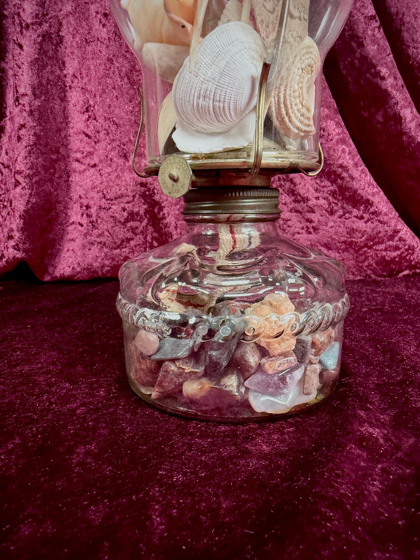 Vintage Glass Oil Lamp – Natural Feather and Shell Curio Display