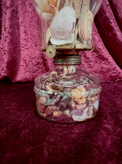 Vintage Glass Oil Lamp – Natural Feather and Shell Curio Display