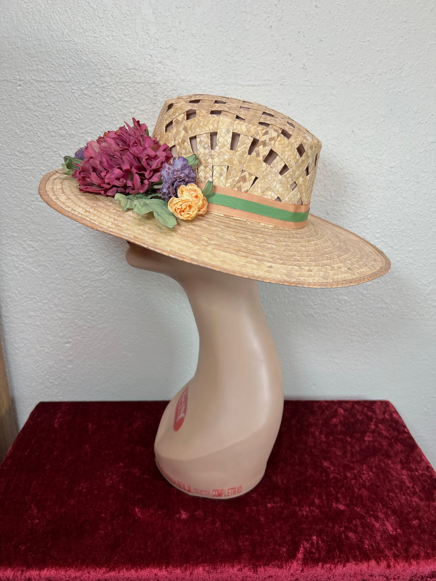 Vintage Accessories - Straw Sun Hat - Faux Flowers on Ribbon - Medium - The Hat Factory