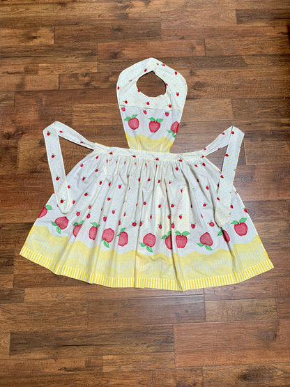 Vintage Pinafore Apron - White with Black Polka Dots Red Apples & Yellow Checkers