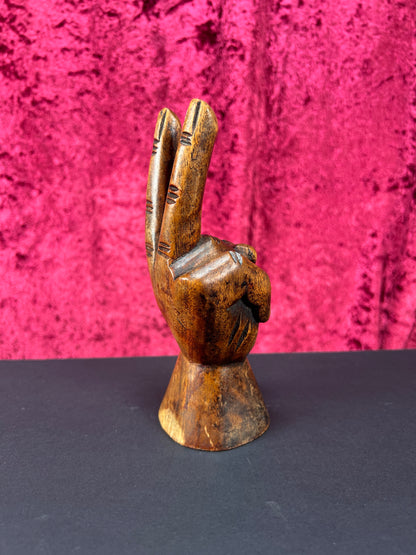 Vintage Oddities - Hand Carved Wood Statue - Hippy Hand Peace Sign