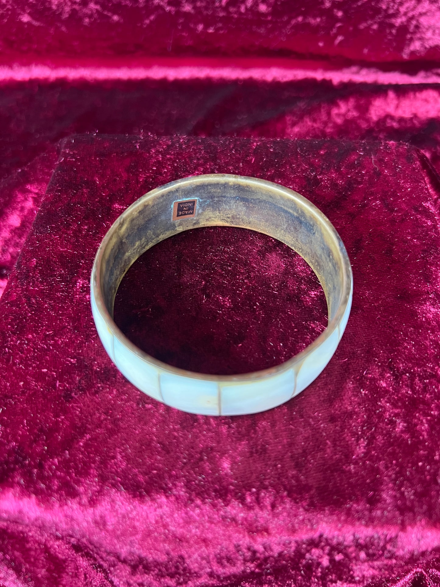 Vintage Jewelry - Cuff Bracelet - Brass - Oyster Shell Inlay - Made In India