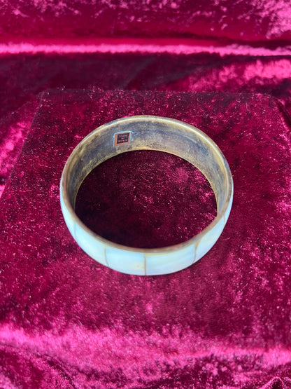 Vintage Jewelry - Cuff Bracelet - Brass - Oyster Shell Inlay - Made In India