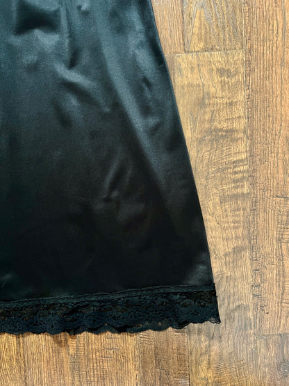 Vintage Nylon Spaghetti Strap Slip Dress - Black Lace Trim Nightgown
