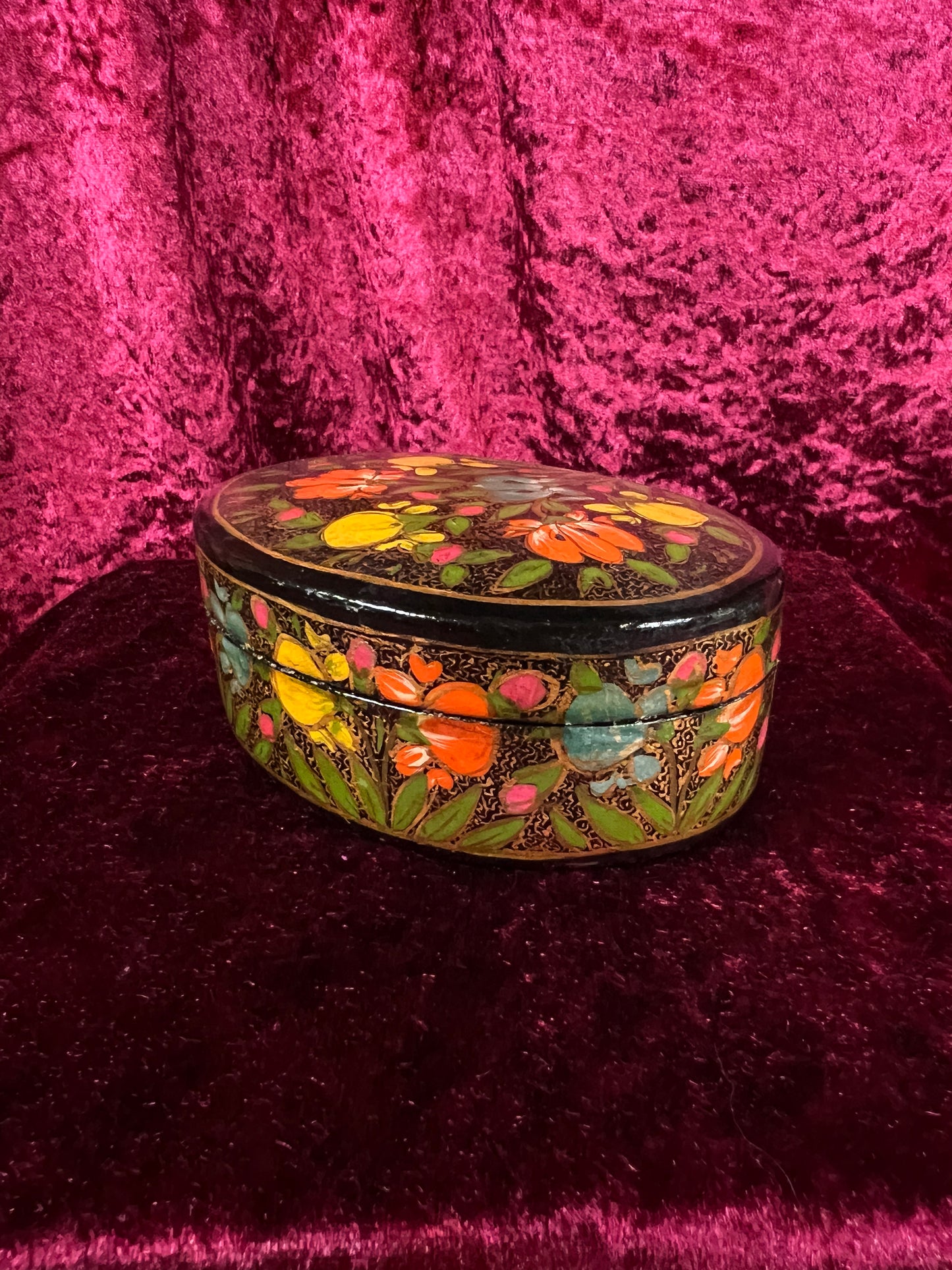 Vintage Papier Mache Trinket Box - Hand Painted Floral Kashmir Style