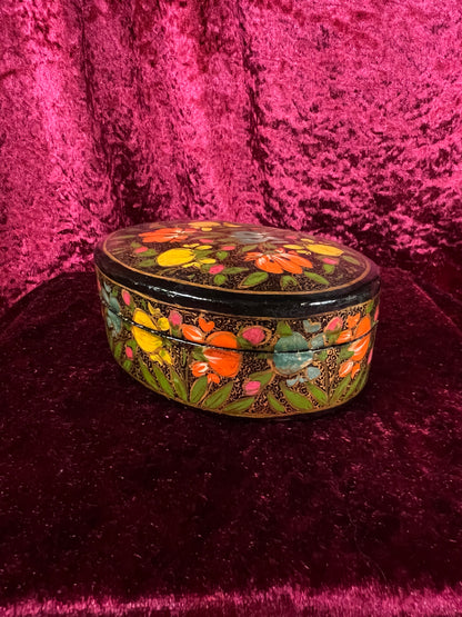 Vintage Papier Mache Trinket Box - Hand Painted Floral Kashmir Style