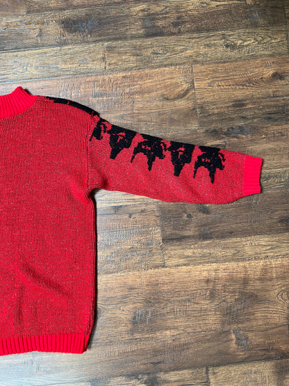 Vintage Clothing - Pullover Crewneck Knit Sweater - Black Flowers on Red Glitter - Medium