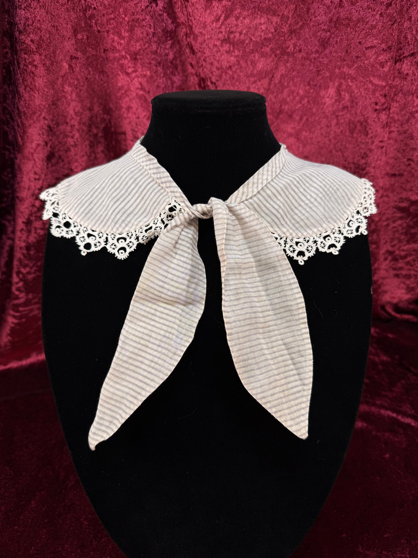 Vintage Emily Wethers Collar Scarf – Striped Lace Trim Tie Front