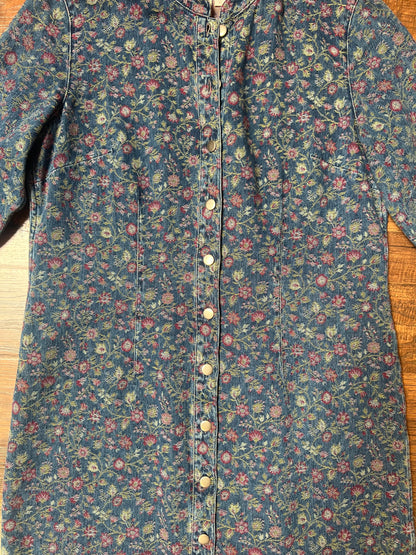 Vintage Clothing - Jacket - Blue Floral Denim Button Up Jacquard Long Shirt Dress - The Territory Ahead - Size 12