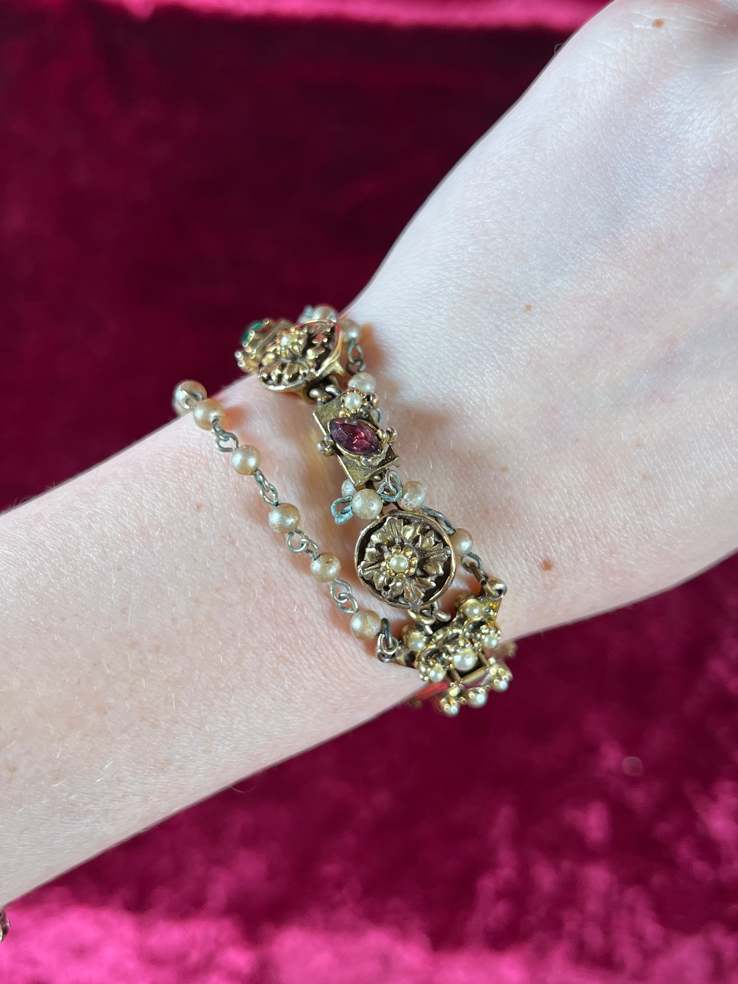 Vintage Jewelry - 3-Strand Charm Bracelet - Gold Tone - Multicolor Rhinestones - Goldette NY