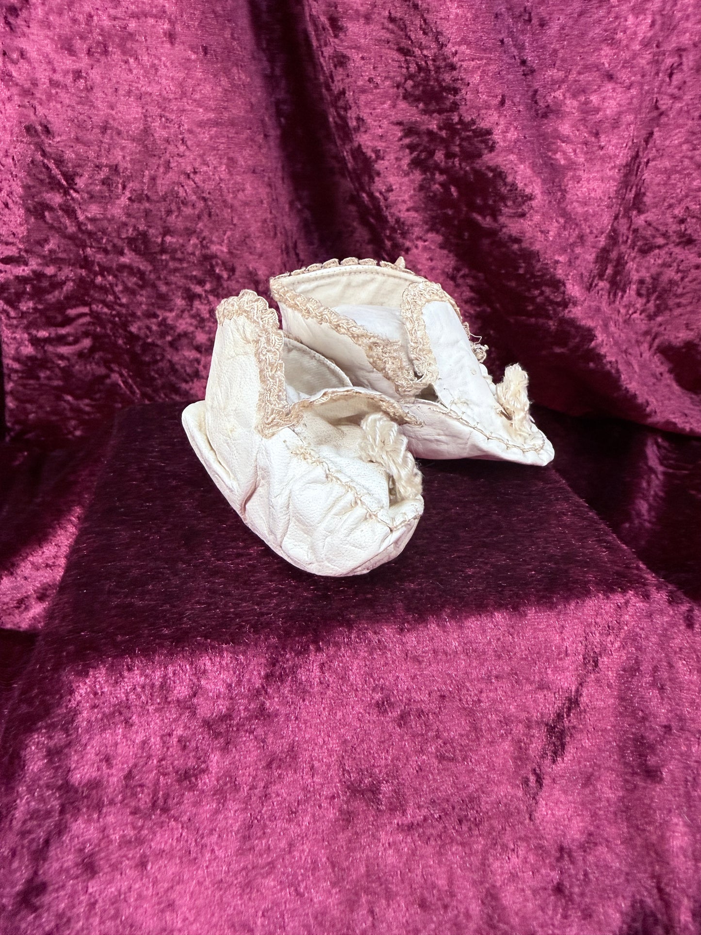 Antique Leather Baby Shoes – Handcrafted Lace Trim Christening Booties