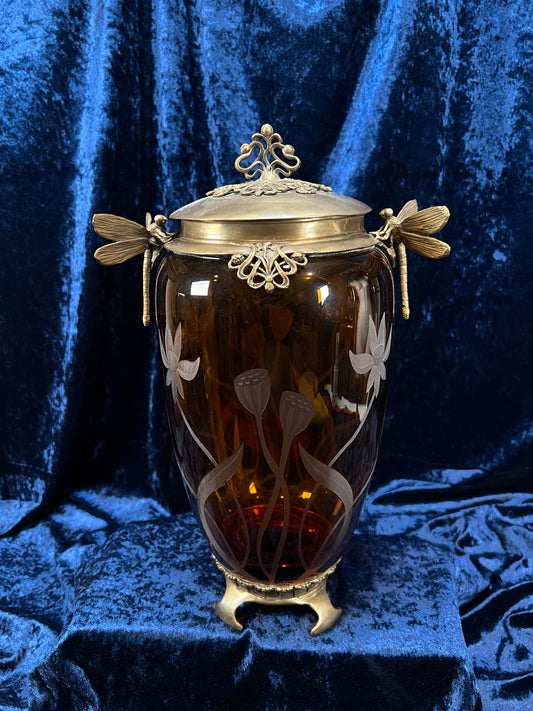 Vintage Art Nouveau Revival Opium Jar - Etched Poppies on Amber Glass - Castilian Poland