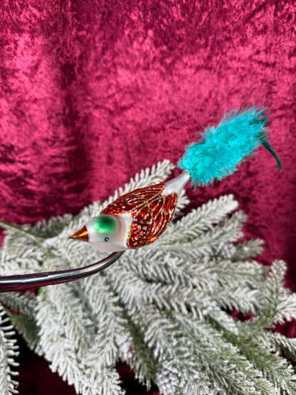 Vintage Christmas - Glass Clip-On Ornament - Sparrow Bird with Blue Feather Tail - QVC